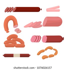 Set of sausage, salami. Meat delicacies isolated on white background. Cartoon, flat style, vector.