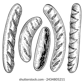 Establecer boceto de salchicha. Desayuno. Carne asada en llamas. Barbacoa. Dibujado a mano ilustración vectorial.