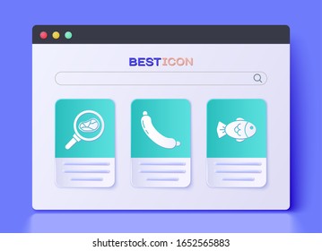 Set Sausage, Steak meat in frying pan and Fish icon. Vector
