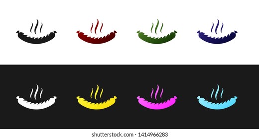Set Sausage with steam icon isolated on black and white background. Grilled sausage and aroma sign. Vector Illustration