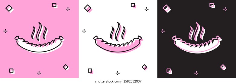 Set Sausage with steam icon isolated on pink and white, black background. Grilled sausage and aroma sign.  Vector Illustration