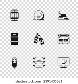 Set Sausage, Street signboard with Beer, Wooden beer mug, bottle, Oktoberfest hat, barrel,  and Metal keg icon. Vector