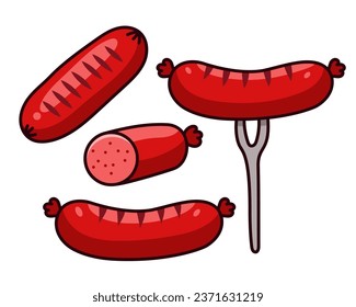 Set of sausage vector illustrations on white background. Sausage cartoon illustration