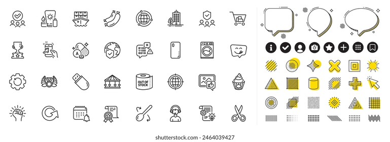 Set of Sausage, Winner cup and World insurance line icons for web app. Design elements, Social media icons. Recovery gear, Music phone, Cake icons. Yummy smile, Calendar, Like photo signs. Vector
