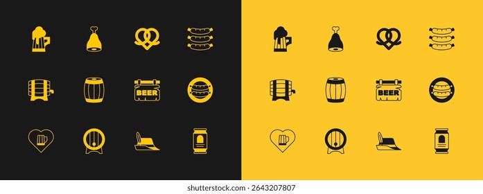 Set Sausage, Wooden barrel on rack, Street signboard with Beer, Oktoberfest hat, Pretzel, beer mug and Chicken leg icon. Vector
