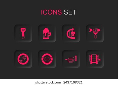 Set Sausage, Wooden beer mug, Bottle opener, Trumpet, Dried fish, barrel on rack, Beer bottle and wooden and  icon. Vector