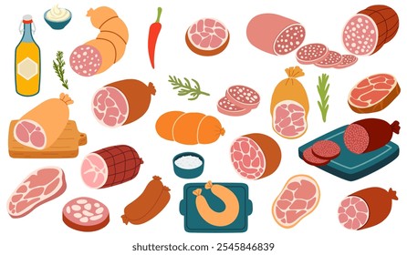 Würstchen, Speck, Schinken, geräuchertes Fleisch, Salami, Frankfurter. Aufschnitt und ganze Wurst- und Fleischsammlung. Fleischerzeugnis
