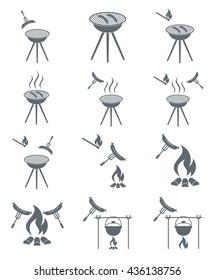 Set of sausages cooking on campfire icons. Vector illustration

