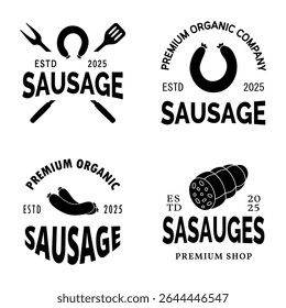 Conjunto de modelo de logotipo de salsichas. Logotipo de enchidos frescos crus para o mercado de alimentos, comércio eletrônico, promoção de produtos orgânicos. Ilustração vetorial.