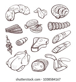 A set of sausages and meat. Isolated vector hand drawings on white background