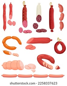 Set of sausages: salami, pepperoni smoked sausage, beef meat, ham farm or butcher store production. Bacon or boiled sausage delicatessen meals. Design elements for market advert. Vector Illustration