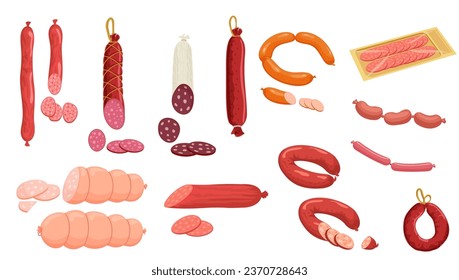 Set of sausages: salami, pepperoni smoked sausage, beef meat, ham farm or butcher store production. Bacon or boiled sausage delicatessen meals. Design elements for market advert. Vector Illustration