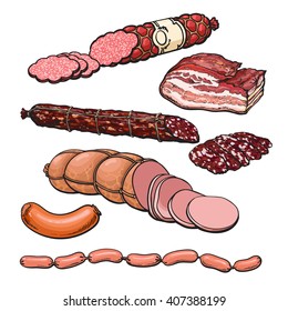 Set sausages, vector sketch hand-drawn salami, Meat products isolated on white background, Ready sausage, salami, bacon, sausages, bacon, meat organic farming, meals, sliced sirvelat, sausage, salami