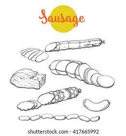 Set sausages, vector sketch hand-drawn salami, Meat products isolated on white background, Ready sausage, salami, bacon, sausages, bacon, meat organic farming, ready meals, sliced sirvelat