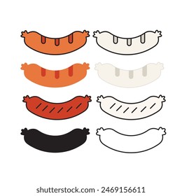 Set of sausages. White Bavarian sausages and classic sausages. Delicious food. Oktoberfest. Vector illustration isolated on a white background for design and web.