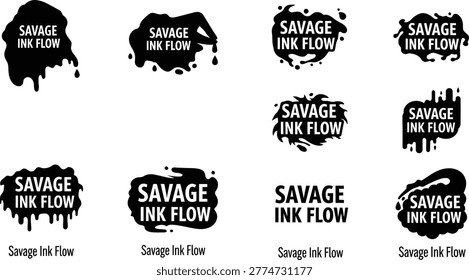 Set of 'Savage Ink Flow' typography combined with different black paint splatters and drips, eps illustration.