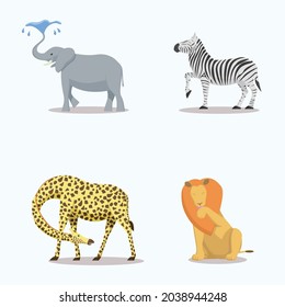 Set of savanna animals in funny poses. Flat design style. Elephant, zebra, lion and giraffe.