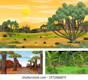 Set of savanna forest in different times horizontal scenes illustration