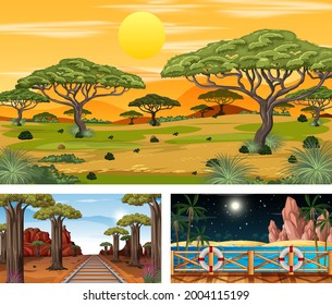 Set of savanna forest in different times horizontal scenes illustration