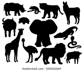 Set of Savannah animals silhouettes on white background. Tiger, lion, rhinoceros, common warthog, African buffalo, tortoise, chameleon, zebra, ostrich, elephant, giraffe, crocodile, cobra