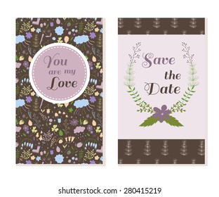 Set of save the date card and love card. Romantic floral wedding collection. Vintage vector card templates