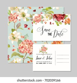 Set of Save the Date Cards with Autumn Vintage Hortensia Flowers for Wedding, Invitation, Party in vector