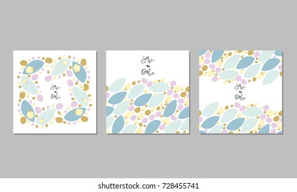 Set of Save the date cards collection.  Trendy cut out shapes in pastel and gold.  Great for baby shower, wedding, invitation, birthday, greeting,  Mother's day, Valentine's day, anniversary. Vector.