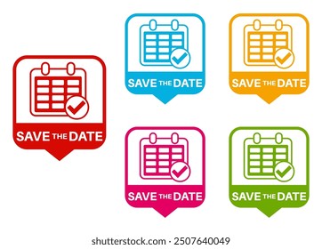 Guardar Establezca los íconos de fecha. Ilustración vectorial de diseño de pegatinas de rótulos de calendario y horario	