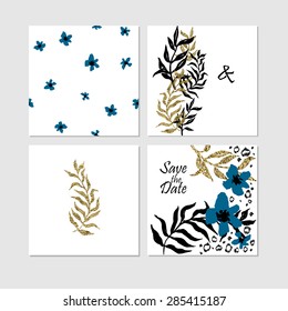 Set of "Save the date" templates with black and golden foil palm leaves and leopard elements. Wedding invitation cards.