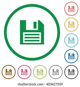 Set of save document color round outlined flat icons on white background