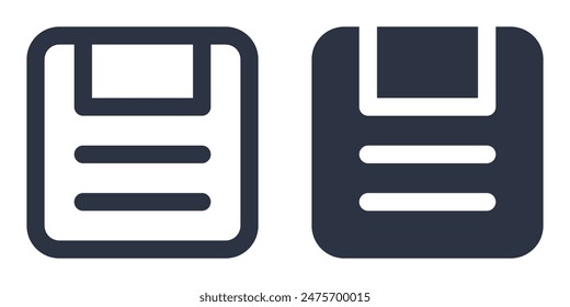 Set of Save or Save As icons depicting a floppy disk in filled, outline, line and stroke style