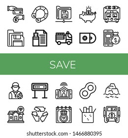 Set of save icons such as Cash back, Floppy disk, Life saver, Flash drive, Save, Fire truck, Piggy bank, Cds, Electric meter, Money bag, Lifeguard, Smart home, Panel, Recycle , save