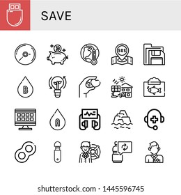 Set of save icons such as Flash drive, Cd, Piggy bank, Global warming, Sos, Floppy disk, Blood type, Clean energy, Give, Solar cell, Ecosystem, Grid, Defibrillator, Warming , save