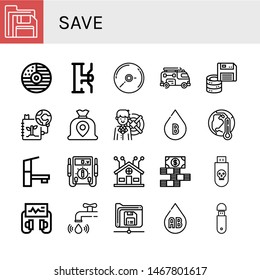 Set of save icons such as Floppy disk, Cd, Water tap, Fire truck, Save the planet, Money bag, Lifebuoy, Blood type, Global warming, Tap, Electric meter, Smart home, Dollar bills , save