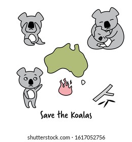 Set save the koalas. Collection of sad koalas. A small koala in hands of man, koala points to map of fires in Australia. Animal hugs its baby. Set vector illustration in cartoon style.