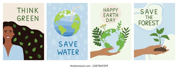 Set of save the planet ecology cards. Think green, save water, happy Earth day, save forest, environment improvement concept. Hand-drawn eco-friendly vector illustration.