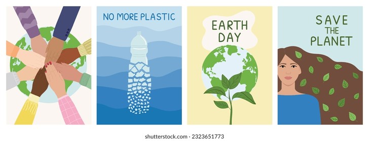Set von speichern Sie die Welt-Umweltkarten. Kein Plastik mehr, retten Sie den Planeten, Earth Day, Umweltverbesserungskonzept. Handgezeichnete, umweltfreundliche Vektorgrafik.