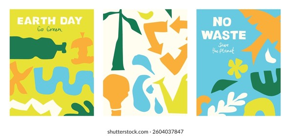 Set of Save the planet and Ecology illustrations for the Earth Day posters and cards. Layouts for prints, flyers, covers, banners design. Eco concept illustrations.