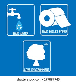 set of save water, toilet paper and environment over blue background vector illustration 