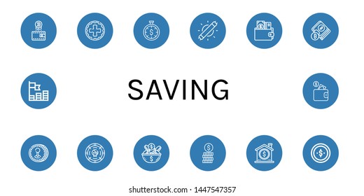 Set of saving icons such as Wallet, Coin, Time is money, Led light, Coins , saving