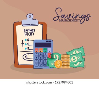 set of saving management icons and saving management lettering vector illustration design