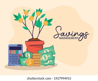 set of saving management icons and saving management lettering on a beige background vector illustration design