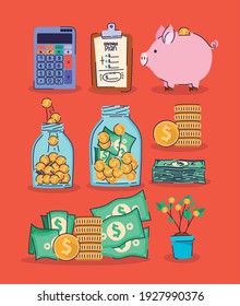 set of saving management icons on a red background vector illustration design