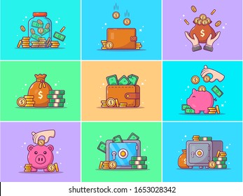 A Set Of Saving Money Vector Icon Illustration. Collections Of Saving Money Icons Concept Isolated. Flat Cartoon Style Suitable for Web Landing Page, Banner, Flyer, Sticker, Card, Background