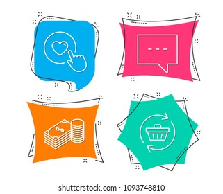 Set of Savings, Blog and Like button icons. Refresh cart sign. Finance currency, Chat message, Press love. Online shopping.  Flat geometric colored tags. Vivid banners. Trendy graphic design. Vector