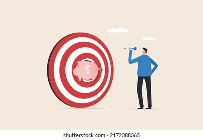 Set Savings Goals. Choose a specific savings goal.  Make a clear financial plan for saving. A young man throws a dart at the piggy bank.