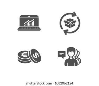 Set of Savings, Online statistics and Return parcel icons. People sign. Cash coins, Computer data, Exchange of goods. Support job.  Quality design elements. Classic style. Vector