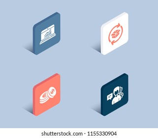 Set of Savings, Online statistics and Return parcel icons. People sign. Cash coins, Computer data, Exchange of goods. Support job.  3d isometric buttons. Flat design concept. Vector