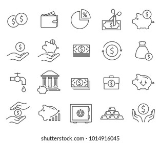 Set of savings Related Vector Line Icons. Includes such Icons as credit, deposits, banks, finances, money, piggy Bank, interest rate and more.