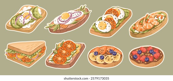 Set of Savory and Sweet Toasts for a Perfect Breakfast. Perfect Balanced snacks. Vector.